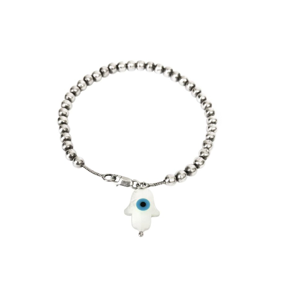 Pulseira em prata de lei 925 com olho grego em madrepérola