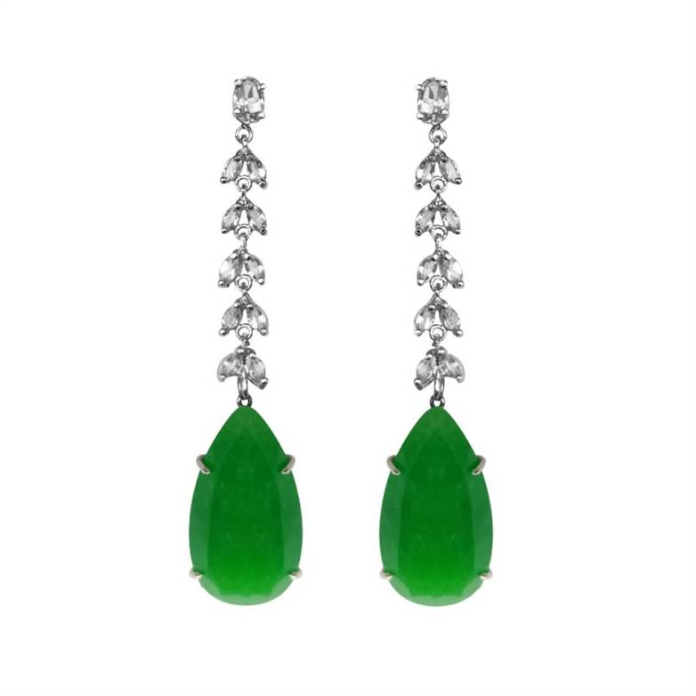 Brinco em prata de lei 925 com topázios, jade verde e ródio branco