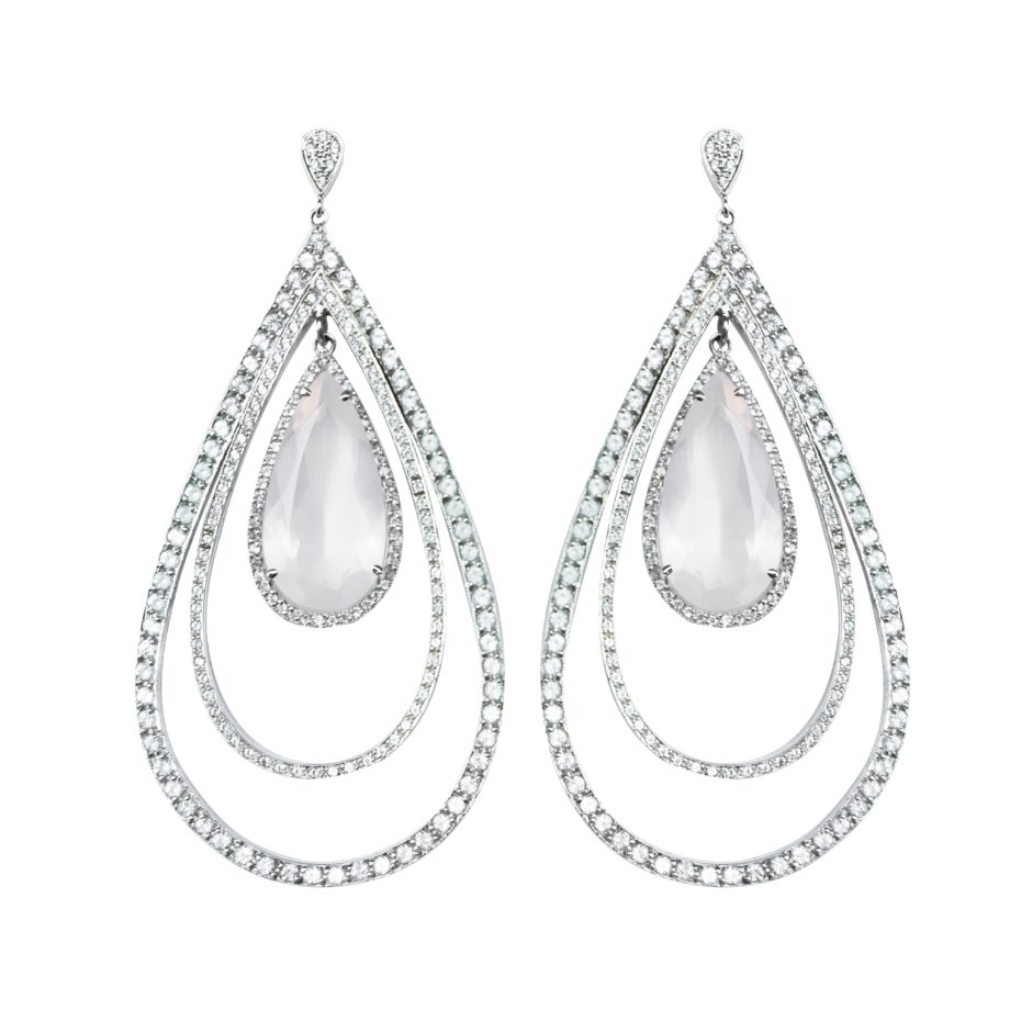 Brinco em prata de Lei 925 com topázios de cristal, quartzo rosa e ródio branco