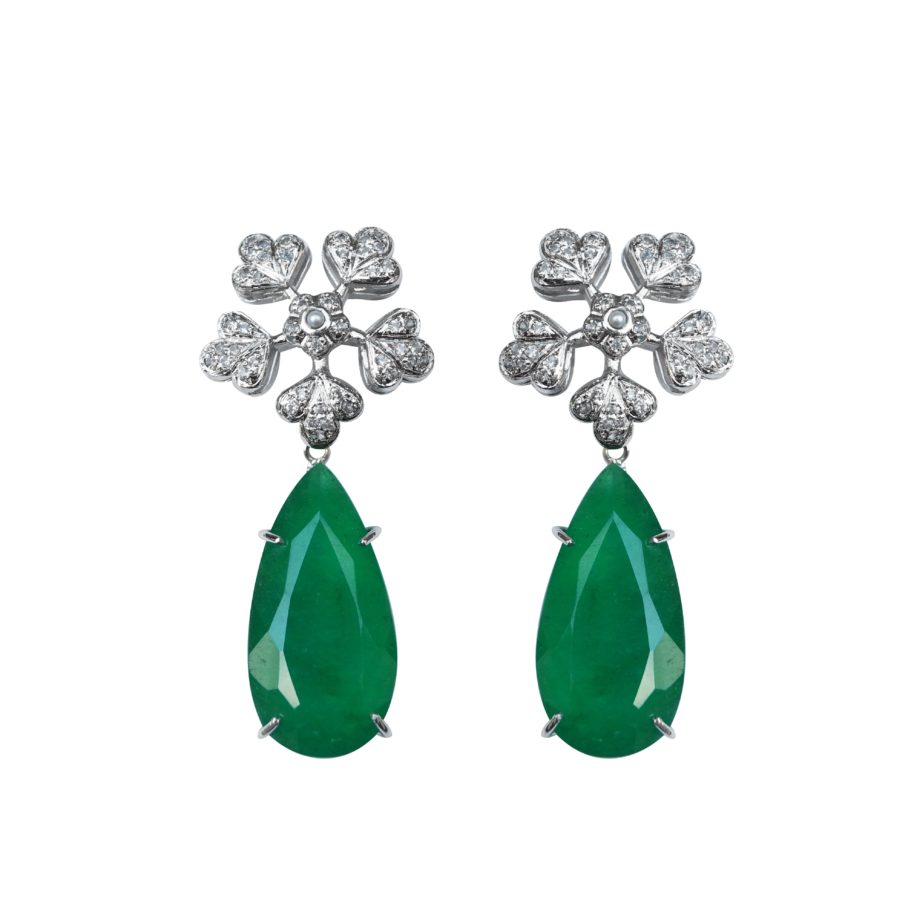 Brinco em prata de Lei 925 com topázios, pérolas, jade e ródio branco