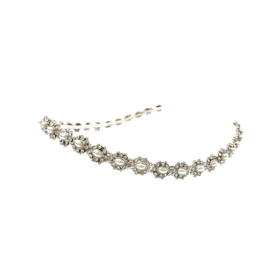 TIARA ANATÔMICA COM BANHO DE PRATA, CRISTAIS E PÉROLAS
