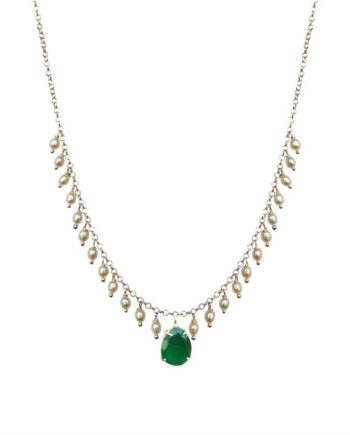 Colar em prata de Lei 925 com pérolas e jade