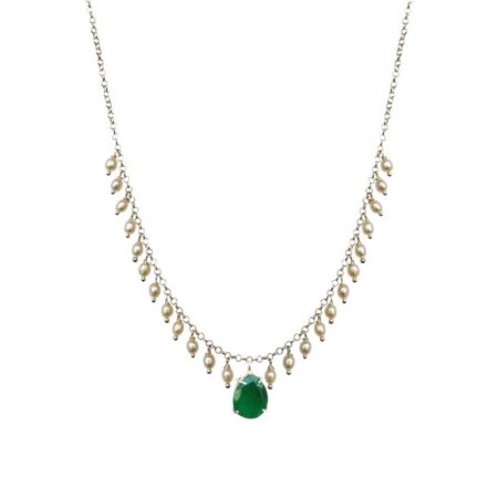 Colar em prata de Lei 925 com pérolas e jade
