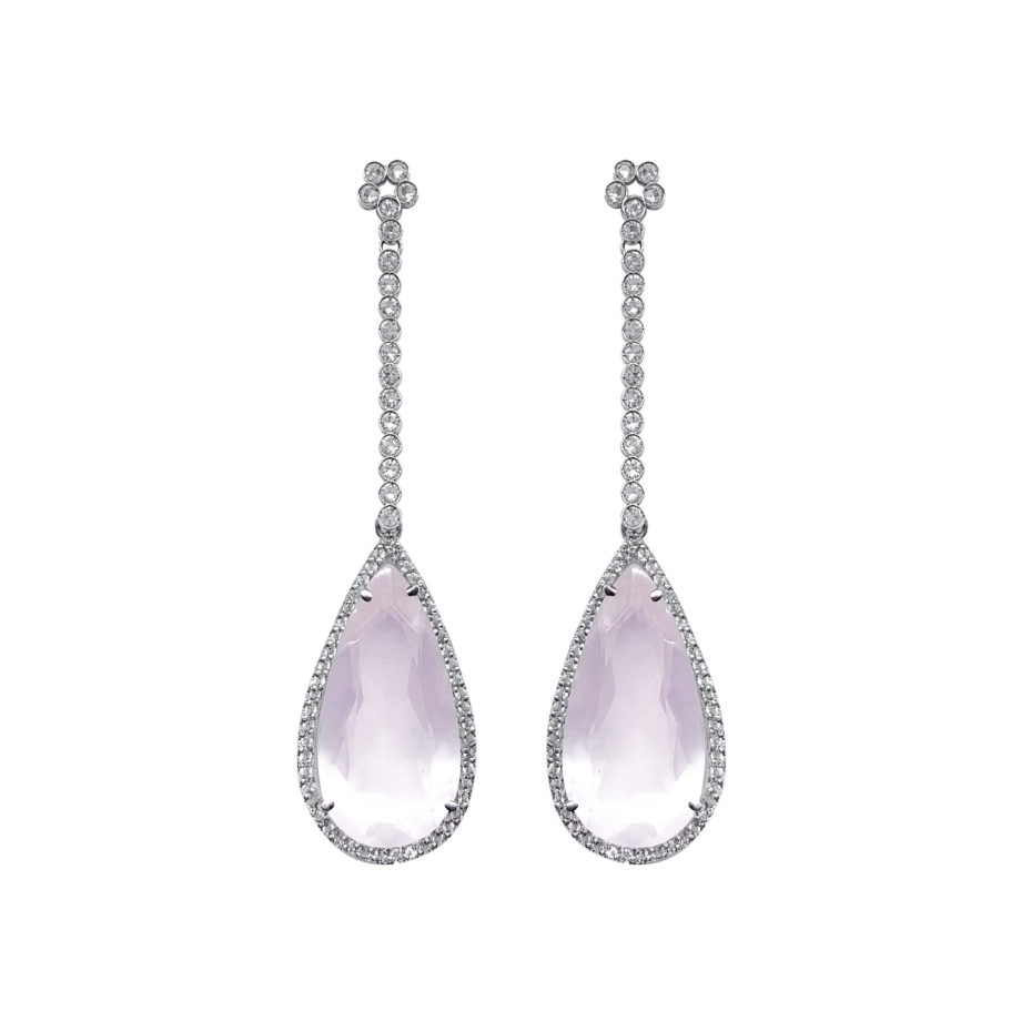 BRINCO EM PRATA DE LEI 925 COM TOPÁZIOS DE CRISTAL, QUARTZO ROSA E RÓDIO BRANCO