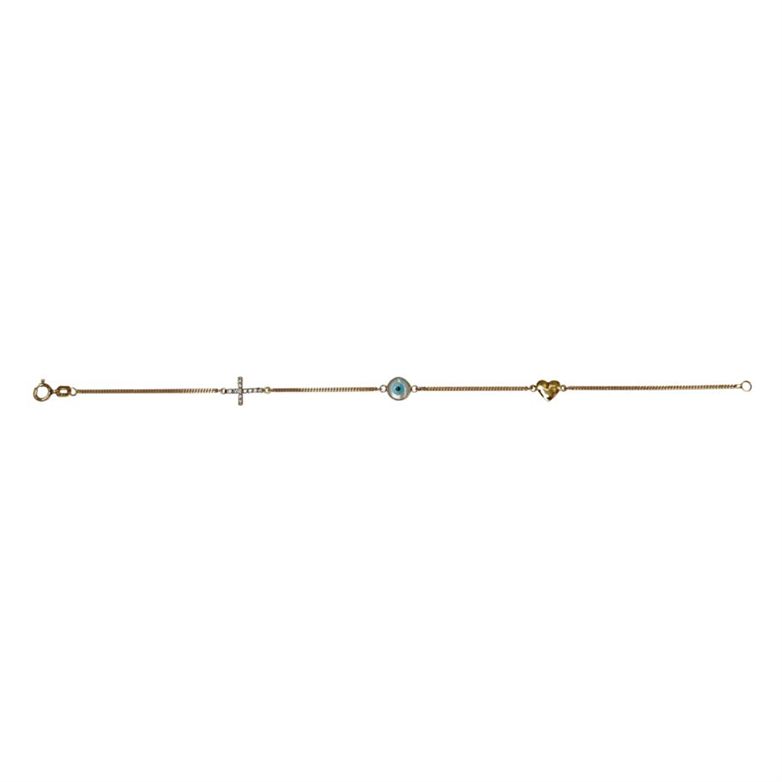 Pulseira de ouro amarelo 18k com crucifixo de diamantes, olho grego em madrepérola e coração