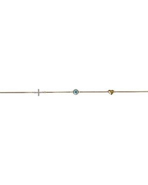Pulseira de ouro amarelo 18k com crucifixo de diamantes, olho grego em madrepérola e coração