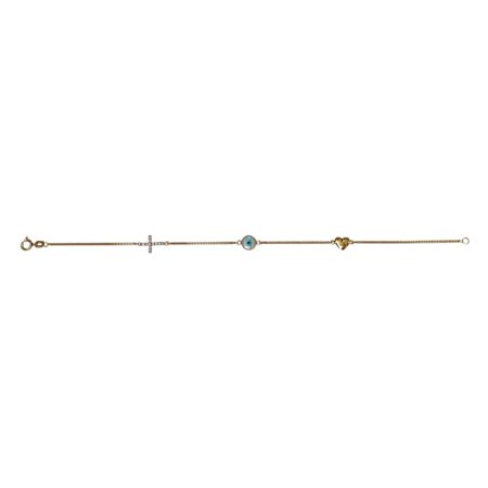 Pulseira de ouro amarelo 18k com crucifixo de diamantes, olho grego em madrepérola e coração