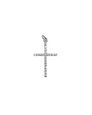 PINGENTE CRUCIFIXO M EM PRATA DE LEI 925, CRAVADO COM ZIRCÔNIAS E BANHO DE RÓDIO BRANCO