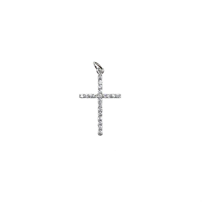 PINGENTE CRUCIFIXO M EM PRATA DE LEI 925, CRAVADO COM ZIRCÔNIAS E BANHO DE RÓDIO BRANCO