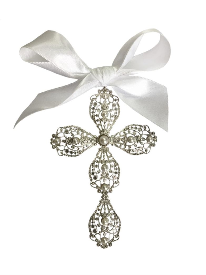 Crucifixo com pérolas e banho de prata