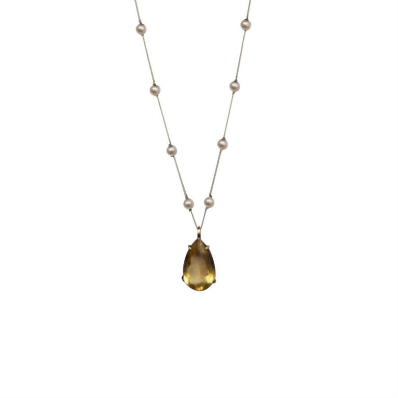 Colar em prata de Lei 925 com pérolas e gota green gold