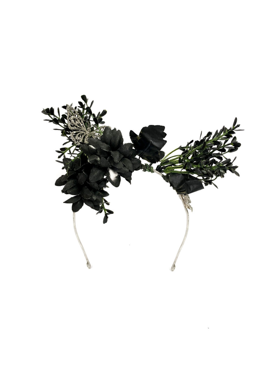 HEADPIECE COM BANHO DE PRATA, MARCASSITAS E FLORES PRETA
