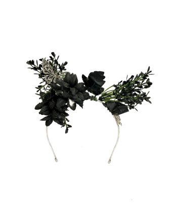 HEADPIECE COM BANHO DE PRATA, MARCASSITAS E FLORES PRETA