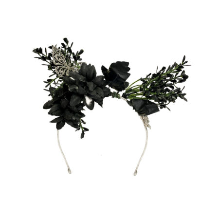 HEADPIECE COM BANHO DE PRATA, MARCASSITAS E FLORES PRETA