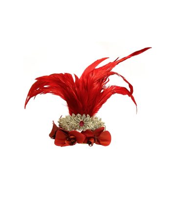 HEADPIECE COM  FLORES, PENAS VERMELHAS, CRISTAIS E MINI PÉROLAS
