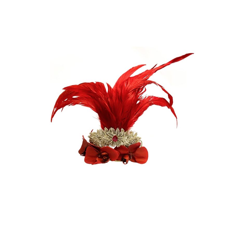 HEADPIECE COM  FLORES, PENAS VERMELHAS, CRISTAIS E MINI PÉROLAS