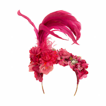 HEADPIECE COM CRISTAIS, PENAS E FLORES PINK