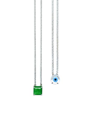 ESCAPULÁRIO EM PRATA DE LEI 925 COM JADE VERDE, MADREPÉROLA E RÓDIO BRANCO