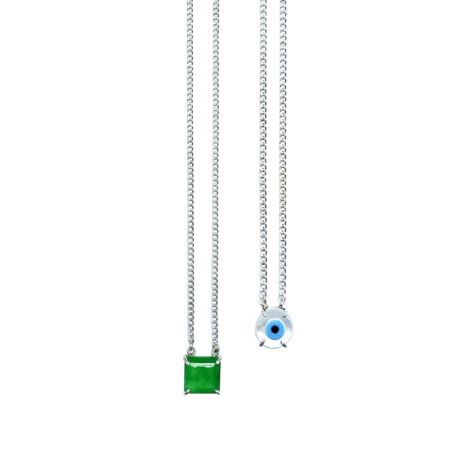 ESCAPULÁRIO EM PRATA DE LEI 925 COM JADE VERDE, MADREPÉROLA E RÓDIO BRANCO