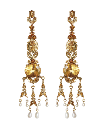 Brinco em ouro amarelo 18k com citrinos e pérolas