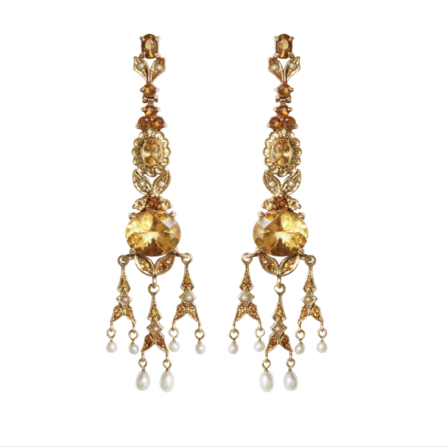 Brinco em ouro amarelo 18k com citrinos e pérolas