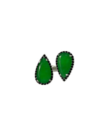 ANEL EM PRATA DE LEI 925 COM JADE VERDE, ESPINÉLIO NEGRO E BANHO DE RÓDIO BRANCO