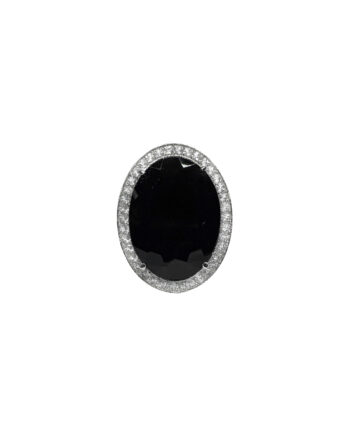 ANEL EM OURO 18K COM ÔNIX, DIAMANTES E BANHO DE RÓDIO BRANCO