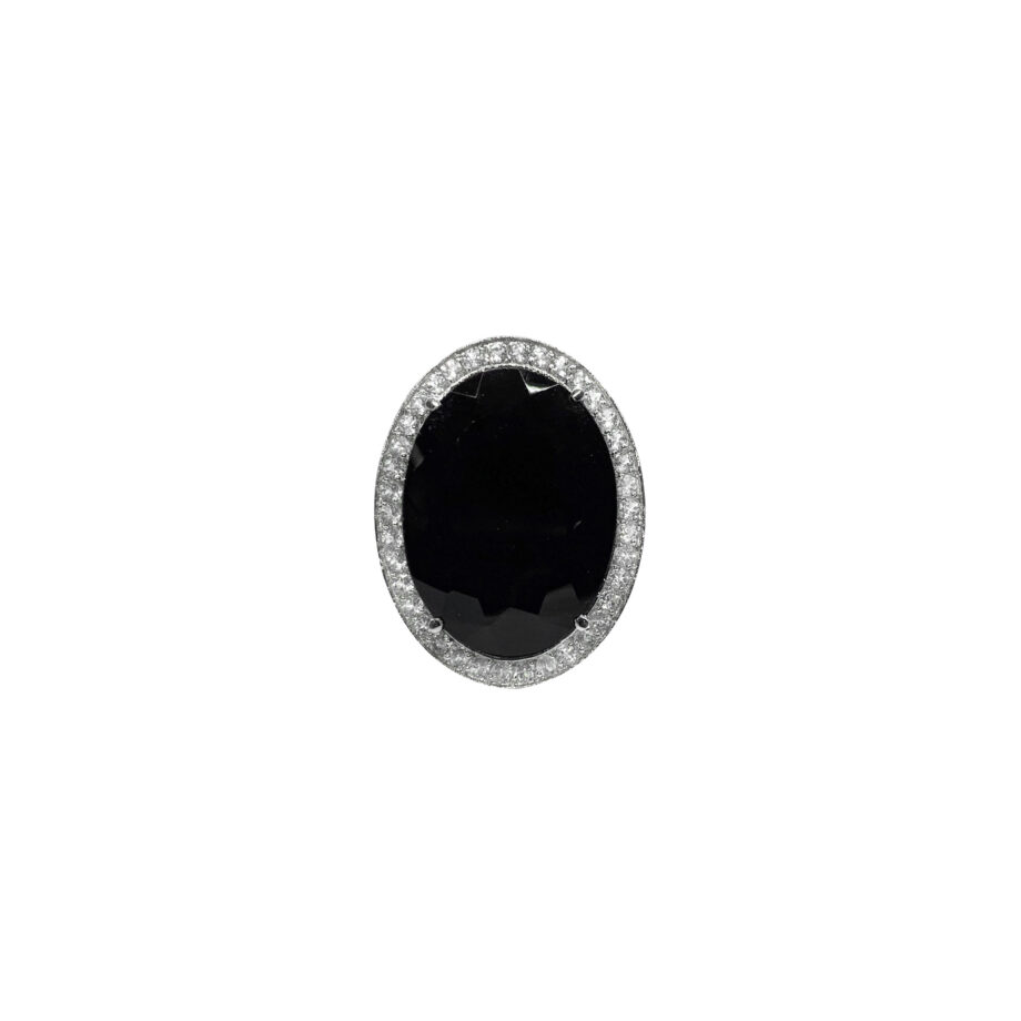 ANEL EM OURO 18K COM ÔNIX, DIAMANTES E BANHO DE RÓDIO BRANCO