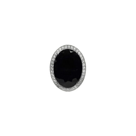 ANEL EM OURO 18K COM ÔNIX, DIAMANTES E BANHO DE RÓDIO BRANCO