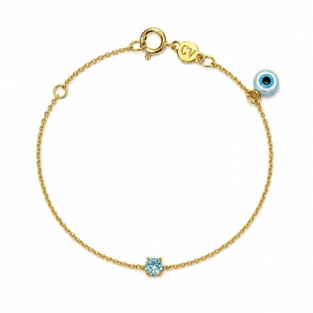 Pulseira de ouro amarelo 18k com  água marinha e olho grego em madrepérola
