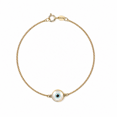 Pulseira de ouro amarelo 18k com olho grego em madrepérola